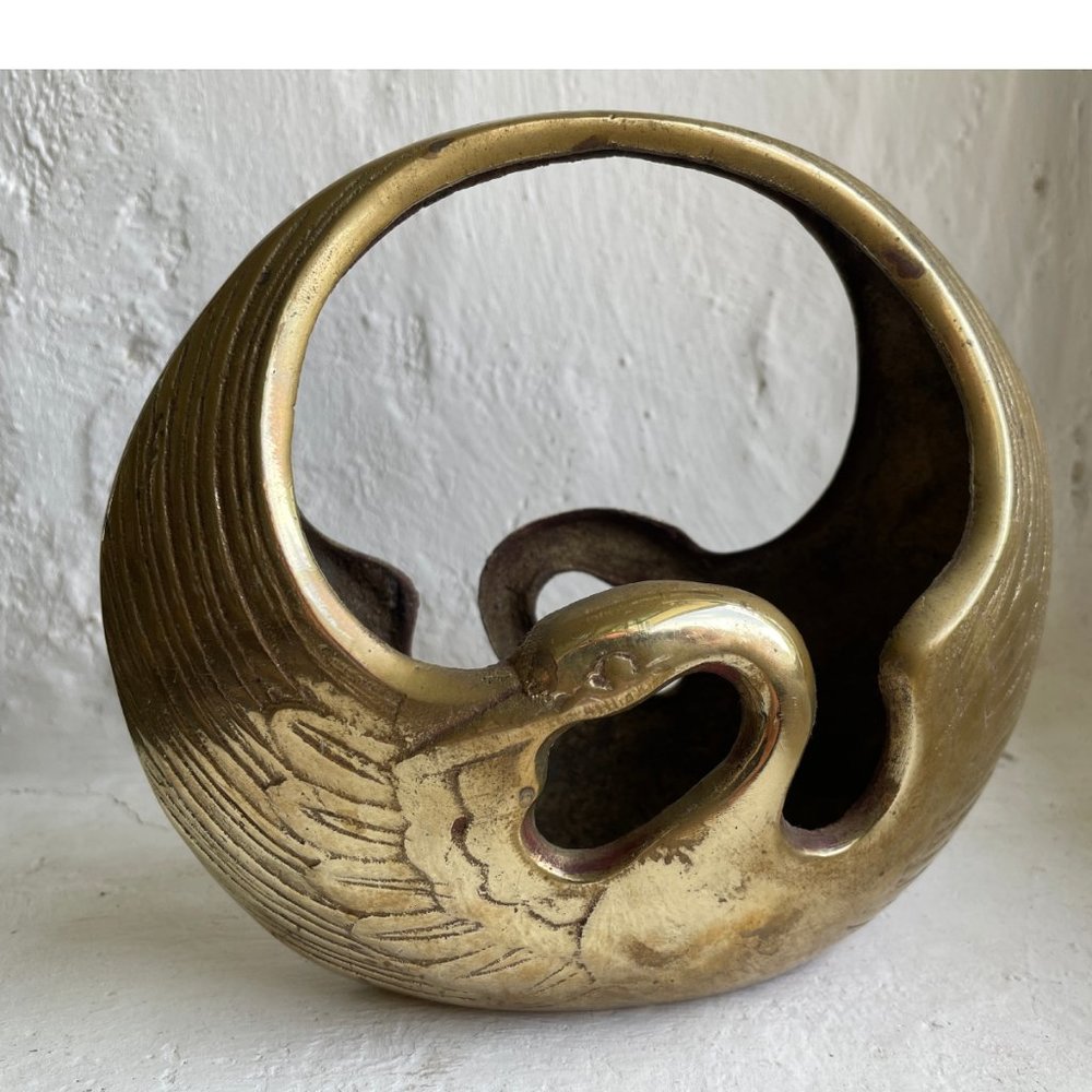 Vintage Solid Brass Swan Crane Bird Art Deco Vase Planter Basket Korea